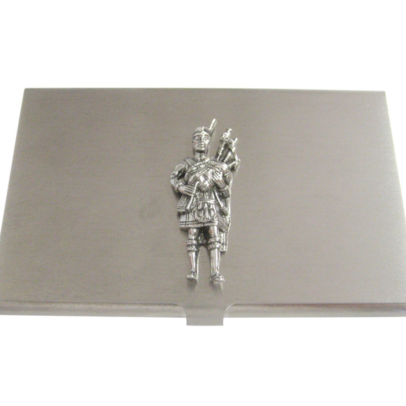 STAMPED BUSINESS CARD HOLDER W- TURQ WJA-080-1 – J  Silver Toned Scottish Piper Business Card Holder
